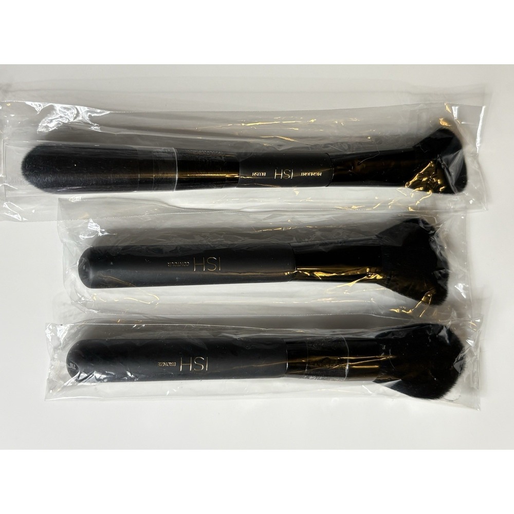 ISH Makeup Brush Set Black Contour Blush Highlight Bronze Angled‎ Wooden Handle